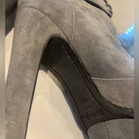 Elizabeth & James Suede Heather grey and black trim high Heel boots lace up  top - Picture 14 of 15